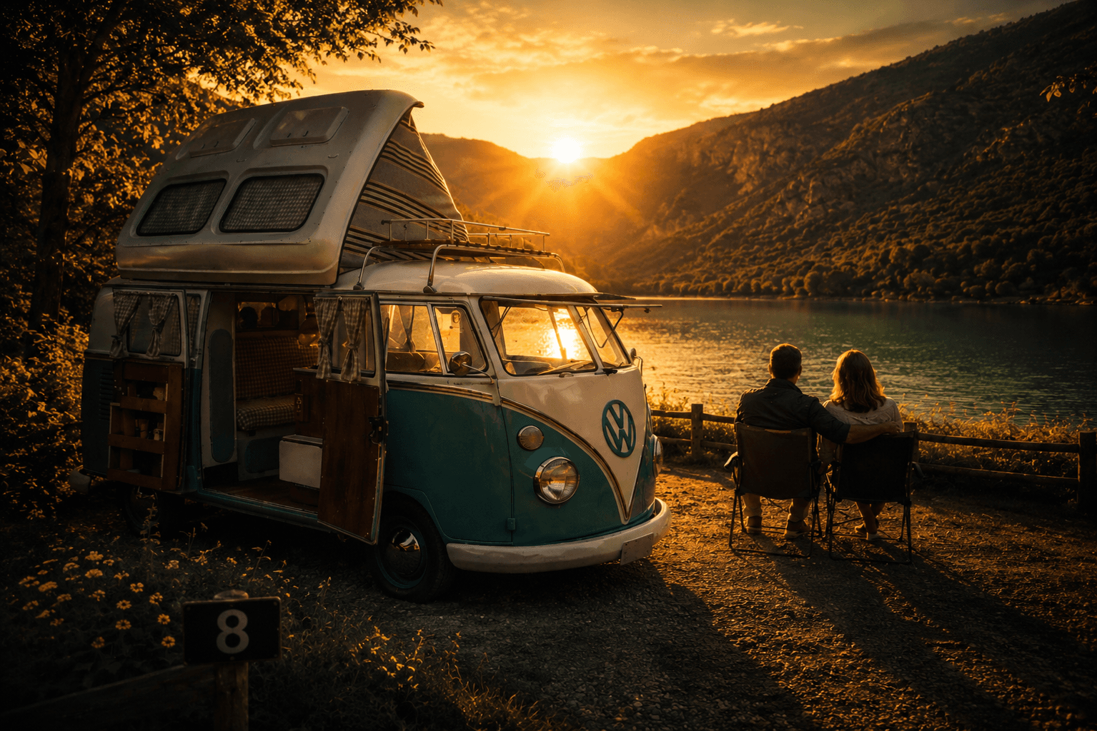 Van aménagé au bord d'un lac au coucher du soleil