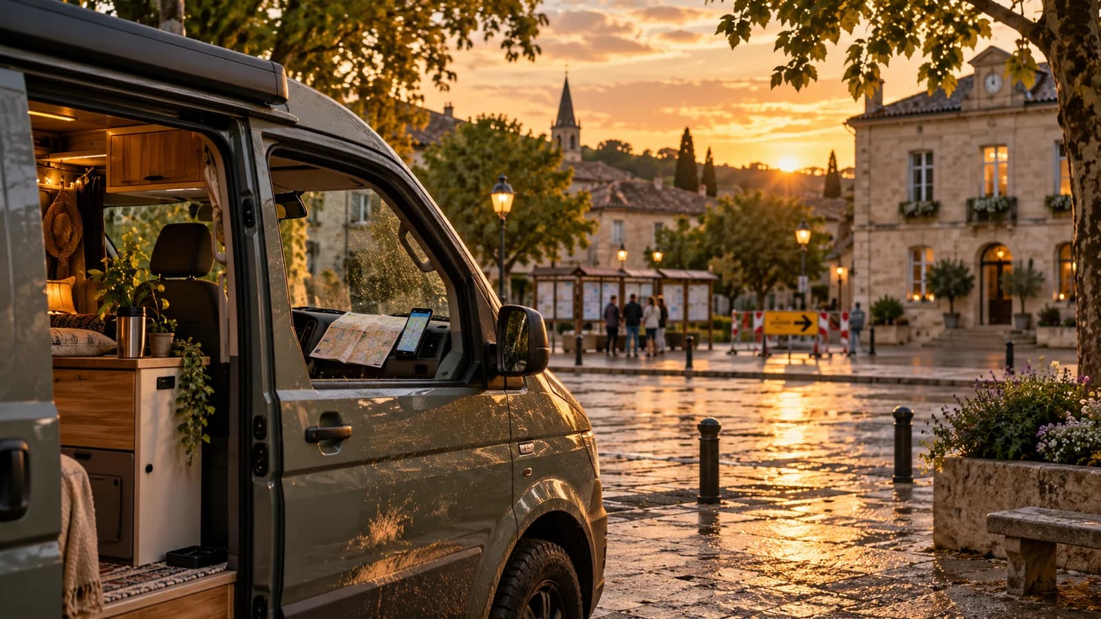 Van aménagé stationné sur une place de village française après la pluie, avec une déviation temporaire et un petit rassemblement au loin.