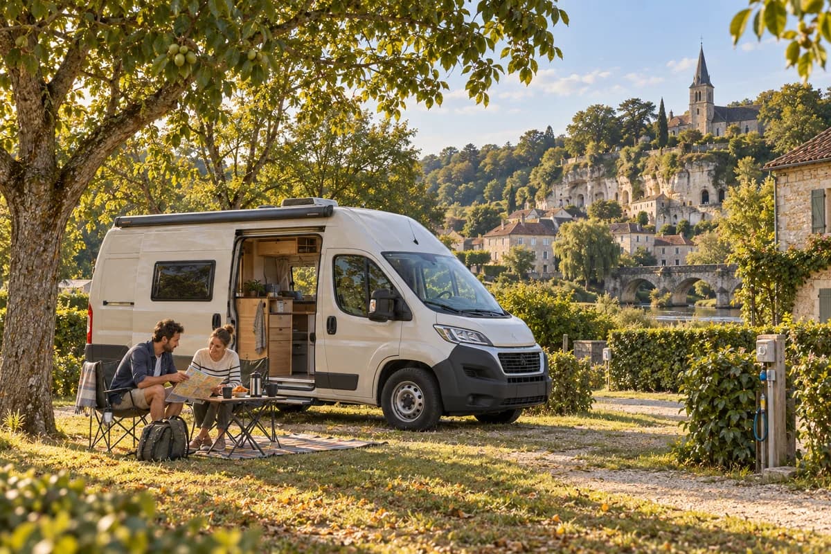 Photographie éditoriale d’un voyage en van entre Aubeterre-sur-Dronne, Saint-Jean-de-Côle, dans l’esprit du Mag Label Vanlife.
