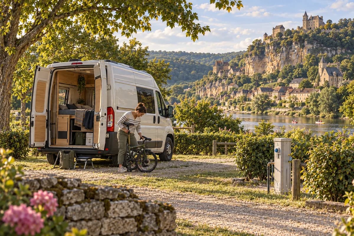 Photographie éditoriale d’un voyage en van entre Domme, La Roque-Gageac, Castelnaud-la-Chapelle, Beynac-et-Cazenac, dans l’esprit du Mag Label Vanlife.
