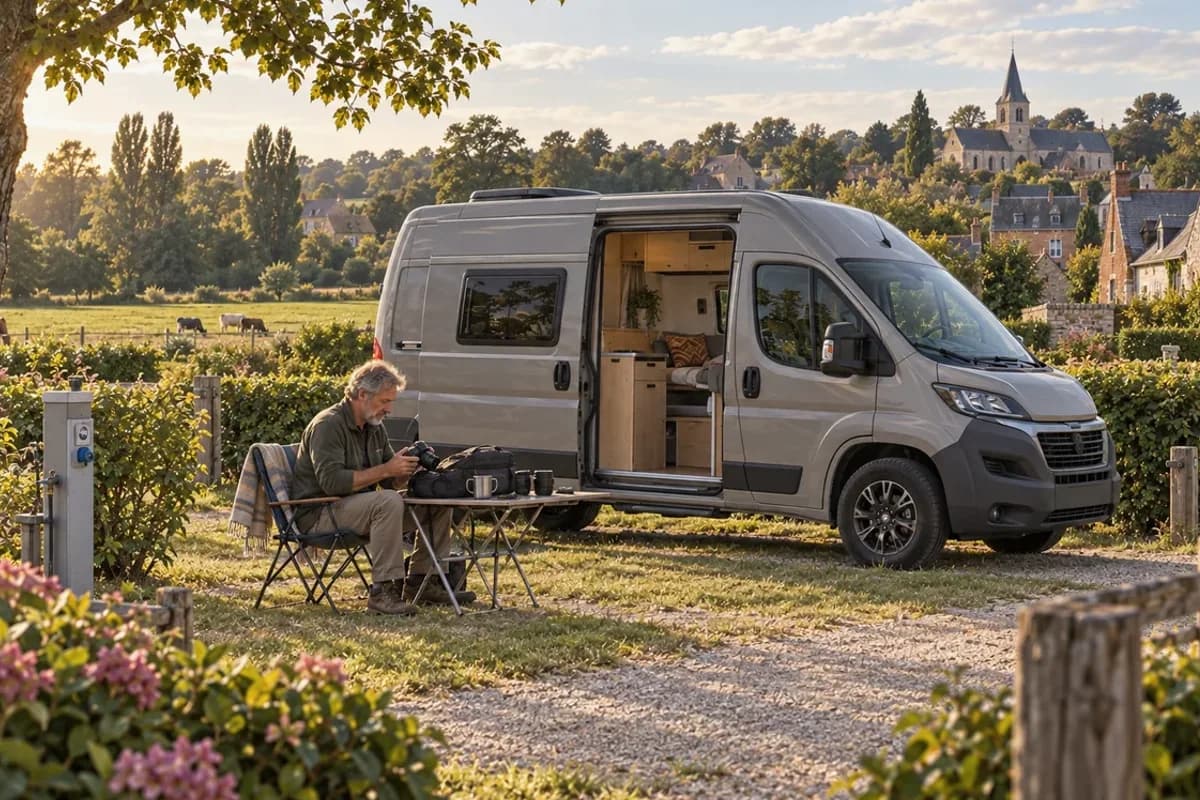 Photographie éditoriale d’un voyage en van entre Saint-Céneri-le-Gérei, Sainte-Suzanne, dans l’esprit du Mag Label Vanlife.