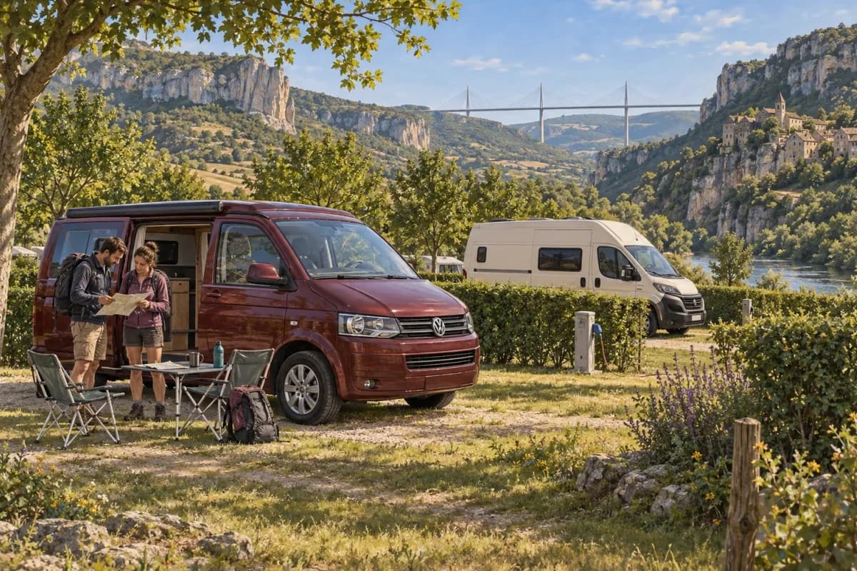 Photographie éditoriale d’un voyage en van entre Sauveterre-de-Rouergue, Monestiés, Najac, Villeneuve, dans l’esprit du Mag Label Vanlife.