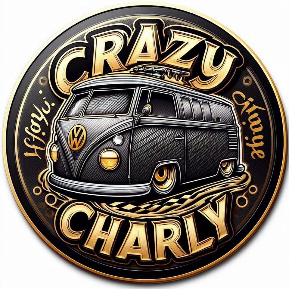 Emblème Crazy Charly représentant un Combi Volkswagen noir et or.