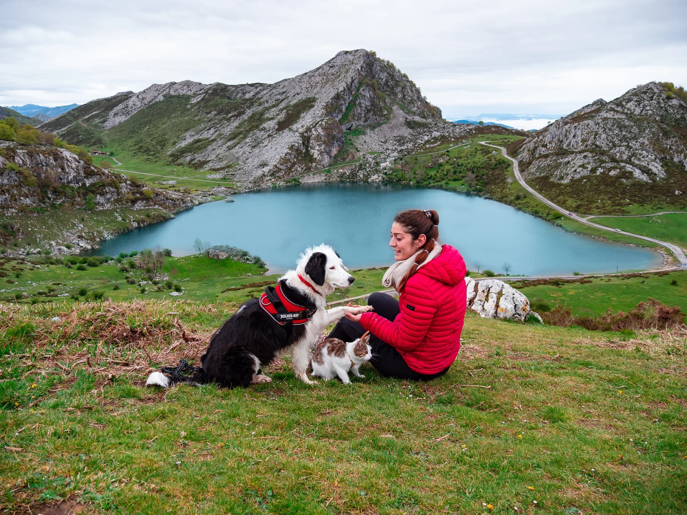Sarah et les chiens devant un lac de montagne