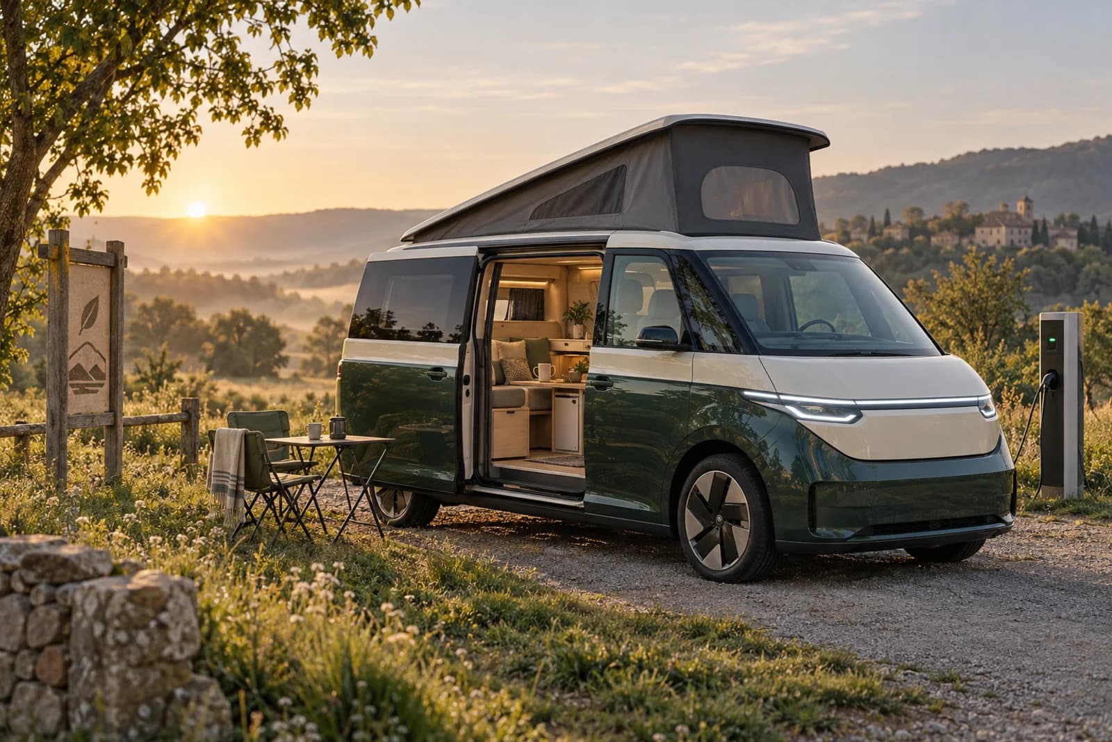 Concept visuel d’un van électrique aménagé avec toit relevable, devant une borne de recharge dans la campagne française.