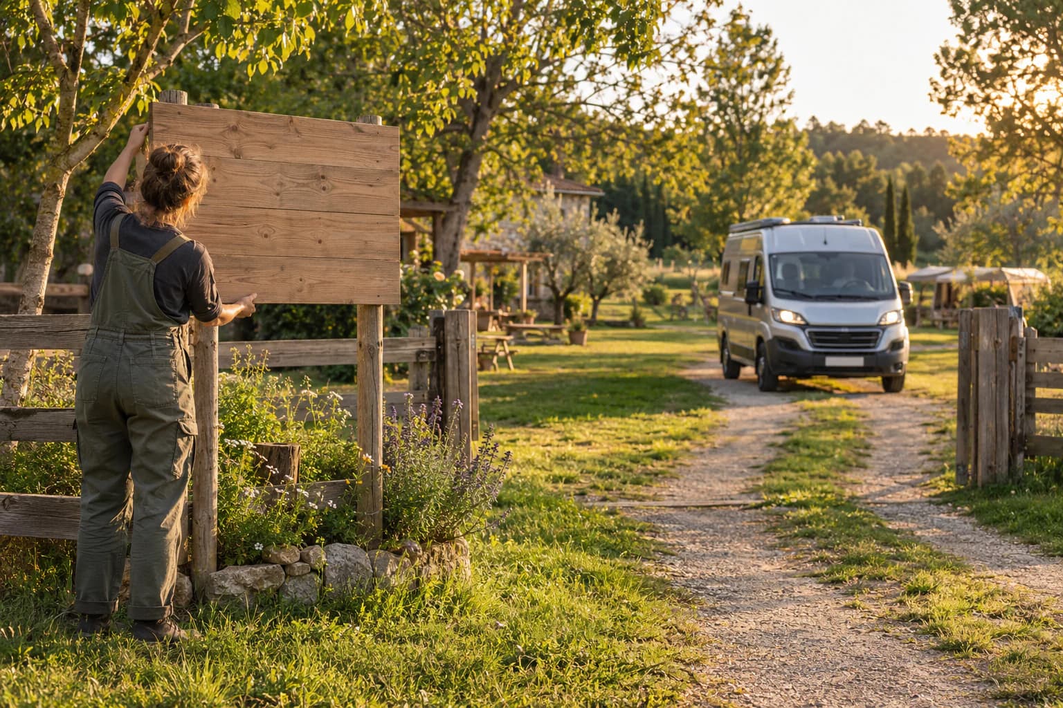 Une accueillante installe un panneau d’information à l’entrée d’un petit lieu nature tandis qu’un van arrive.