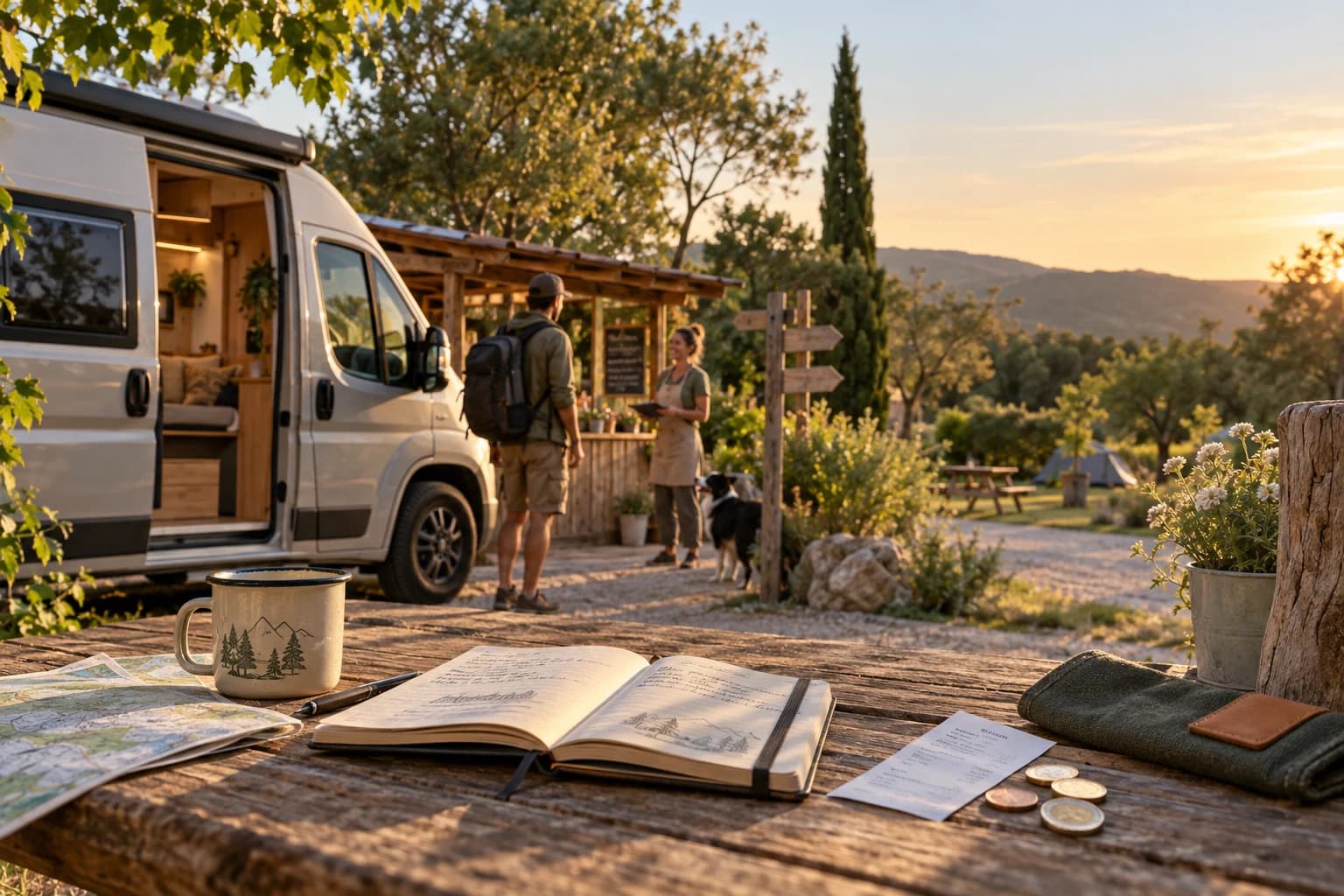 Van accueilli dans un petit camping nature avec un carnet de voyage, un reçu et quelques pièces sur une table.