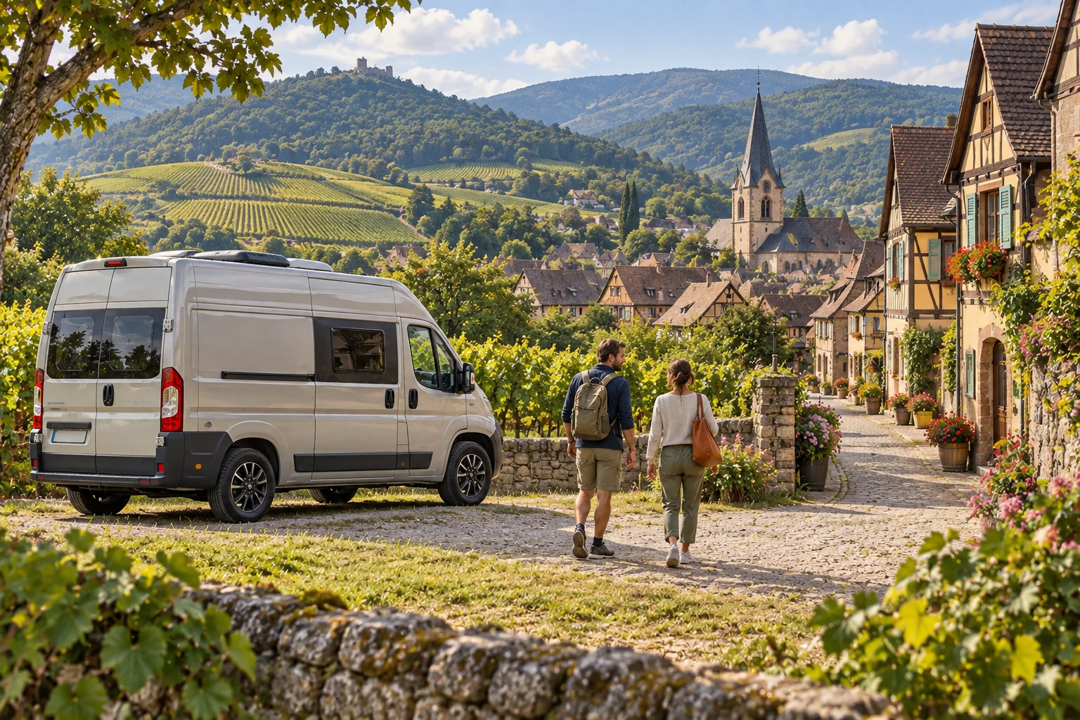 Illustration éditoriale d’une escapade en van dans l’Est, entre maisons anciennes, vignoble et relief boisé.