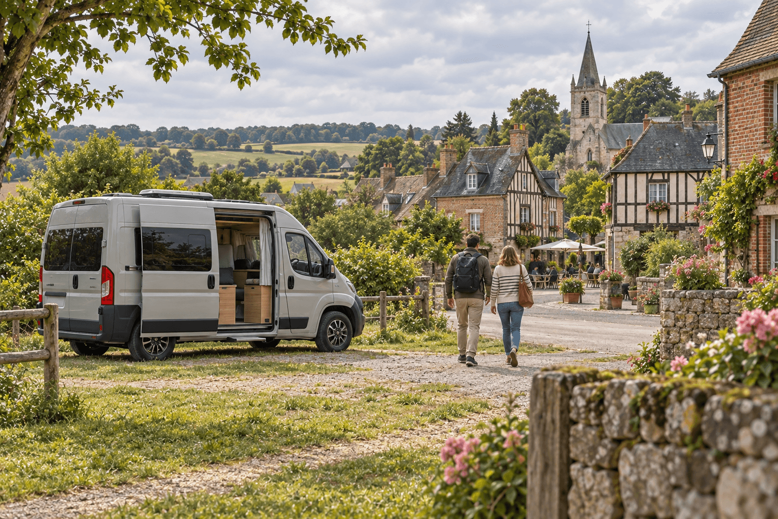 Illustration éditoriale d’une escapade en van dans le Nord, entre patrimoine de brique, places arborées et campagne.