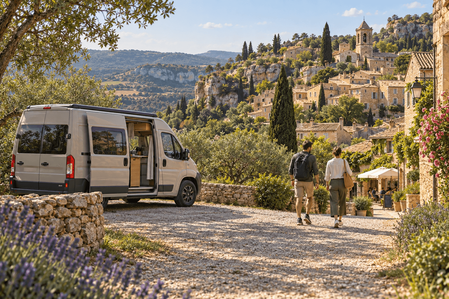 Illustration éditoriale d’une escapade en van dans le Sud-Est, entre village perché, oliviers et lumière méditerranéenne.