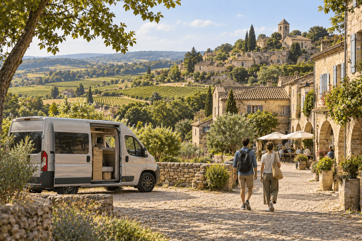 Illustration éditoriale d’une escapade en van dans le Sud-Ouest, entre bastide, rivière et collines dorées.