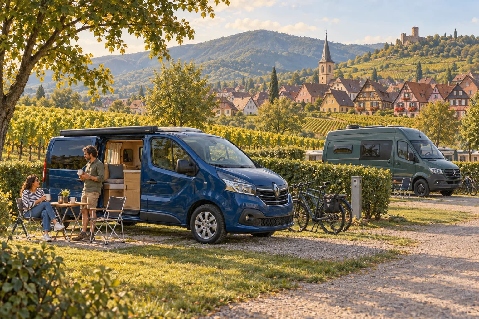 Illustration rétro — Alsace : Riquewihr, Ribeauvillé et Colmar. Séjour dans un camping aménagé ; scène imaginée, pas une photographie du lieu conseillé.