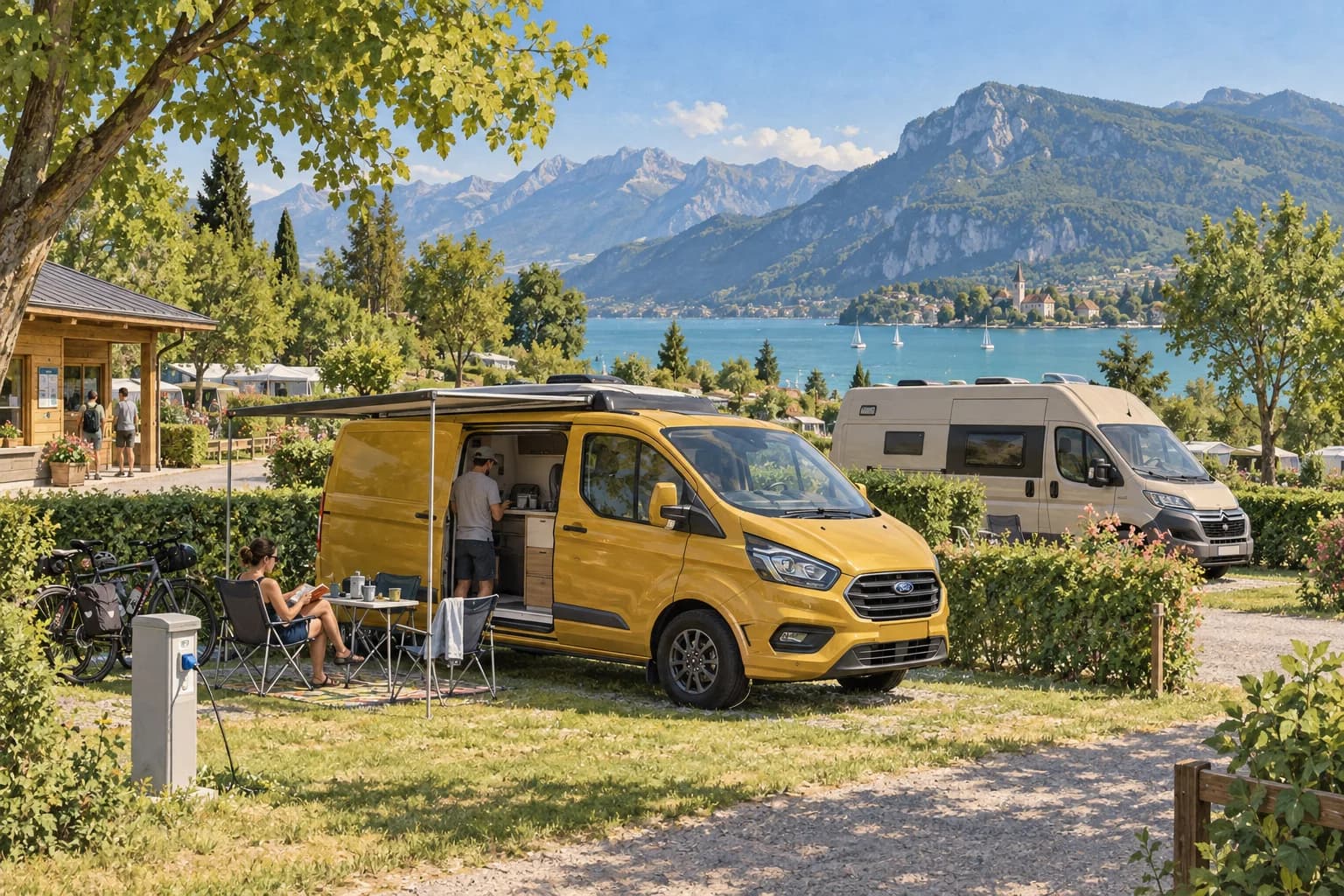 Illustration rétro — Lac d’Annecy : une base, trois journées dehors. Séjour dans un camping aménagé ; scène imaginée, pas une photographie du lieu conseillé.