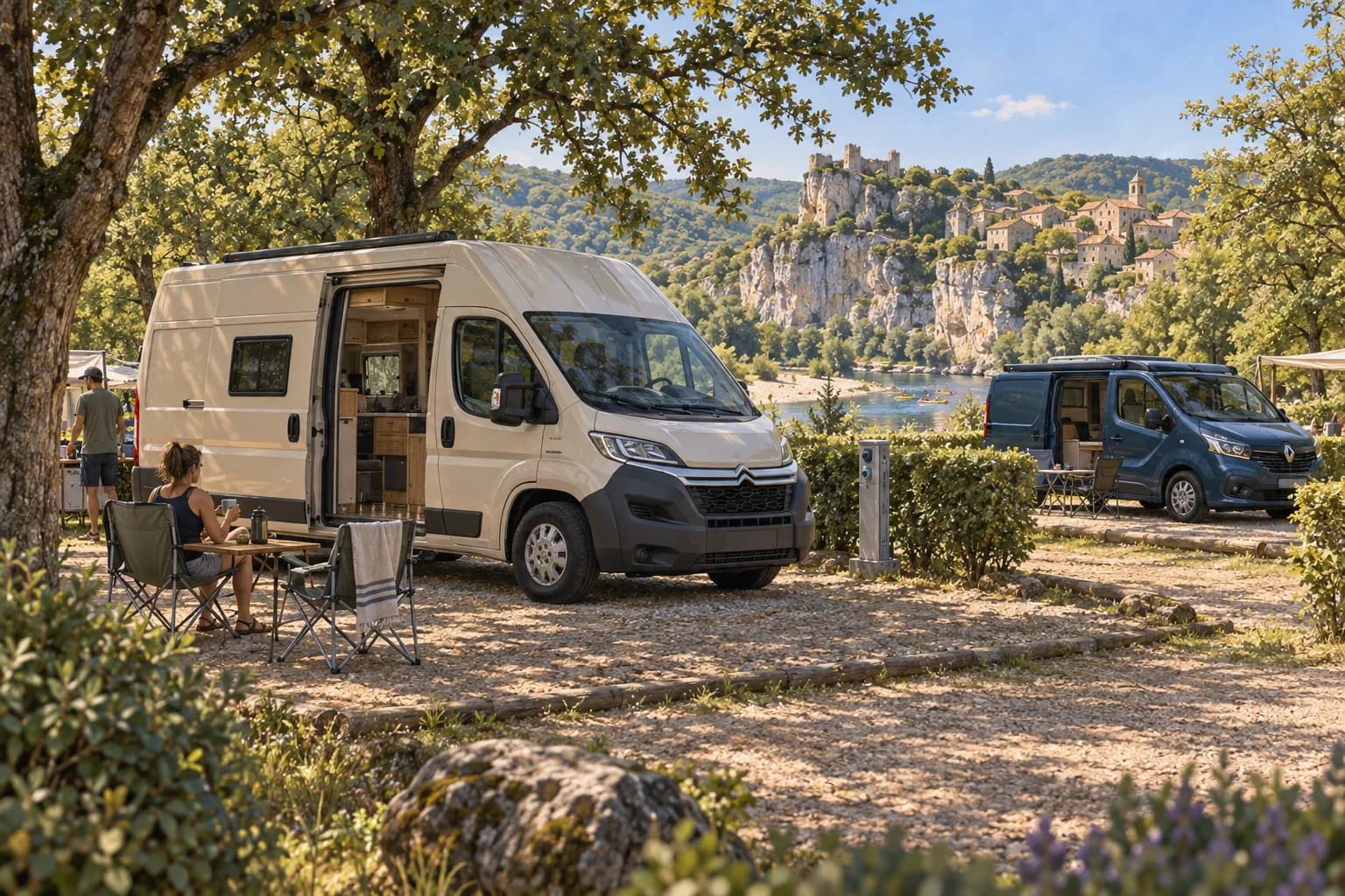 Illustration rétro — Ardèche : Chauzon, Balazuc et Vogüé. Séjour dans un camping aménagé ; scène imaginée, pas une photographie du lieu conseillé.