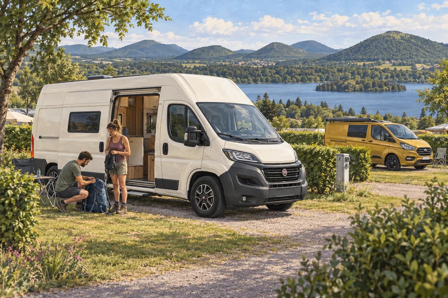 Illustration rétro — Auvergne : Aydat, Orcival et les paysages volcaniques. Séjour dans un camping aménagé ; scène imaginée, pas une photographie du lieu conseillé.