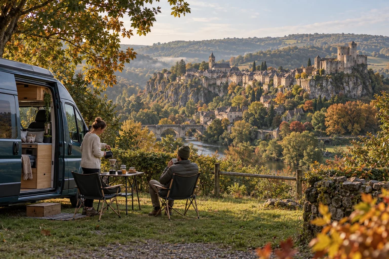 Illustration rétro — Aveyron : bastides et forteresses du Rouergue. Séjour dans un camping aménagé ; scène imaginée, pas une photographie du lieu conseillé.