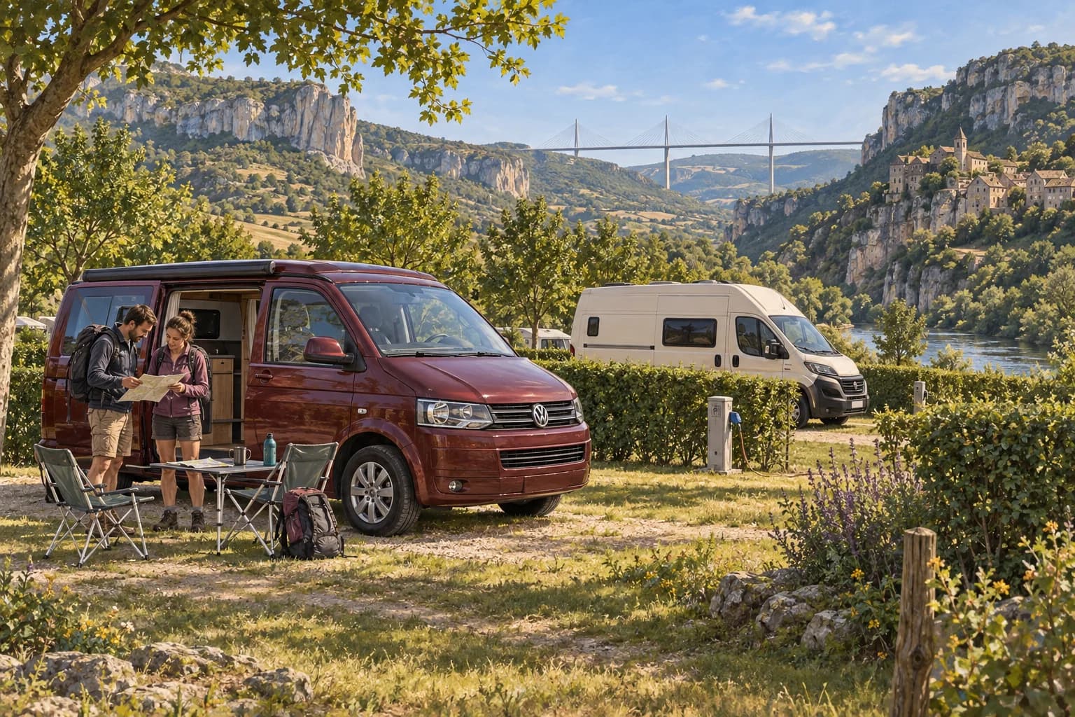 Illustration rétro — Aveyron : Millau et l’entrée des gorges du Tarn. Séjour dans un camping aménagé ; scène imaginée, pas une photographie du lieu conseillé.
