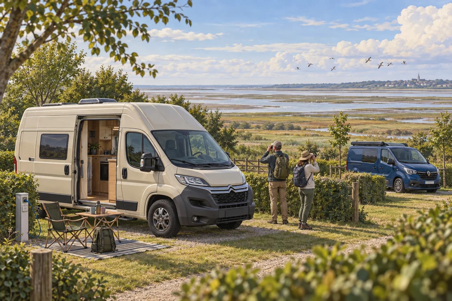 Illustration rétro — Baie de Somme : regarder plutôt que collectionner. Séjour dans un camping aménagé ; scène imaginée, pas une photographie du lieu conseillé.