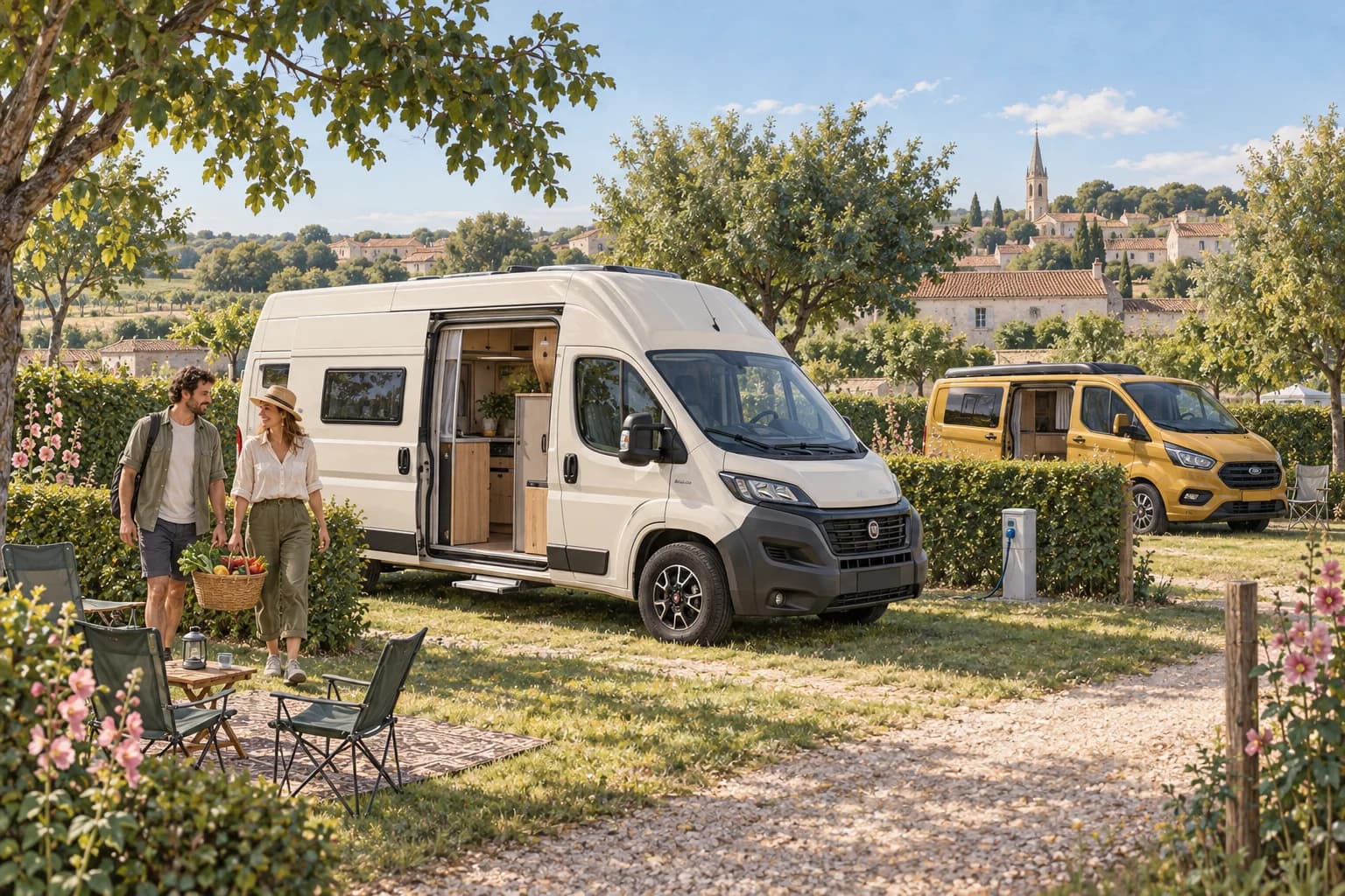 Illustration rétro — Charente-Maritime : La Rochelle et son arrière-pays. Séjour dans un camping aménagé ; scène imaginée, pas une photographie du lieu conseillé.