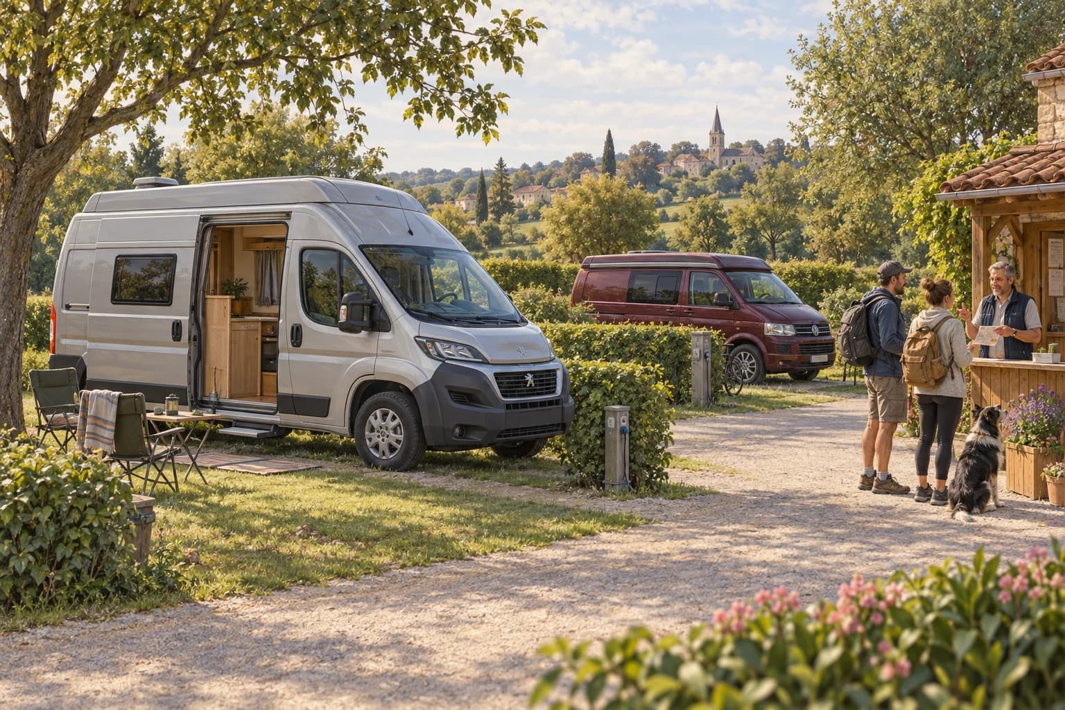 Illustration de voyageurs accueillis dans un camping avec des vans et fourgons de couleurs variées.