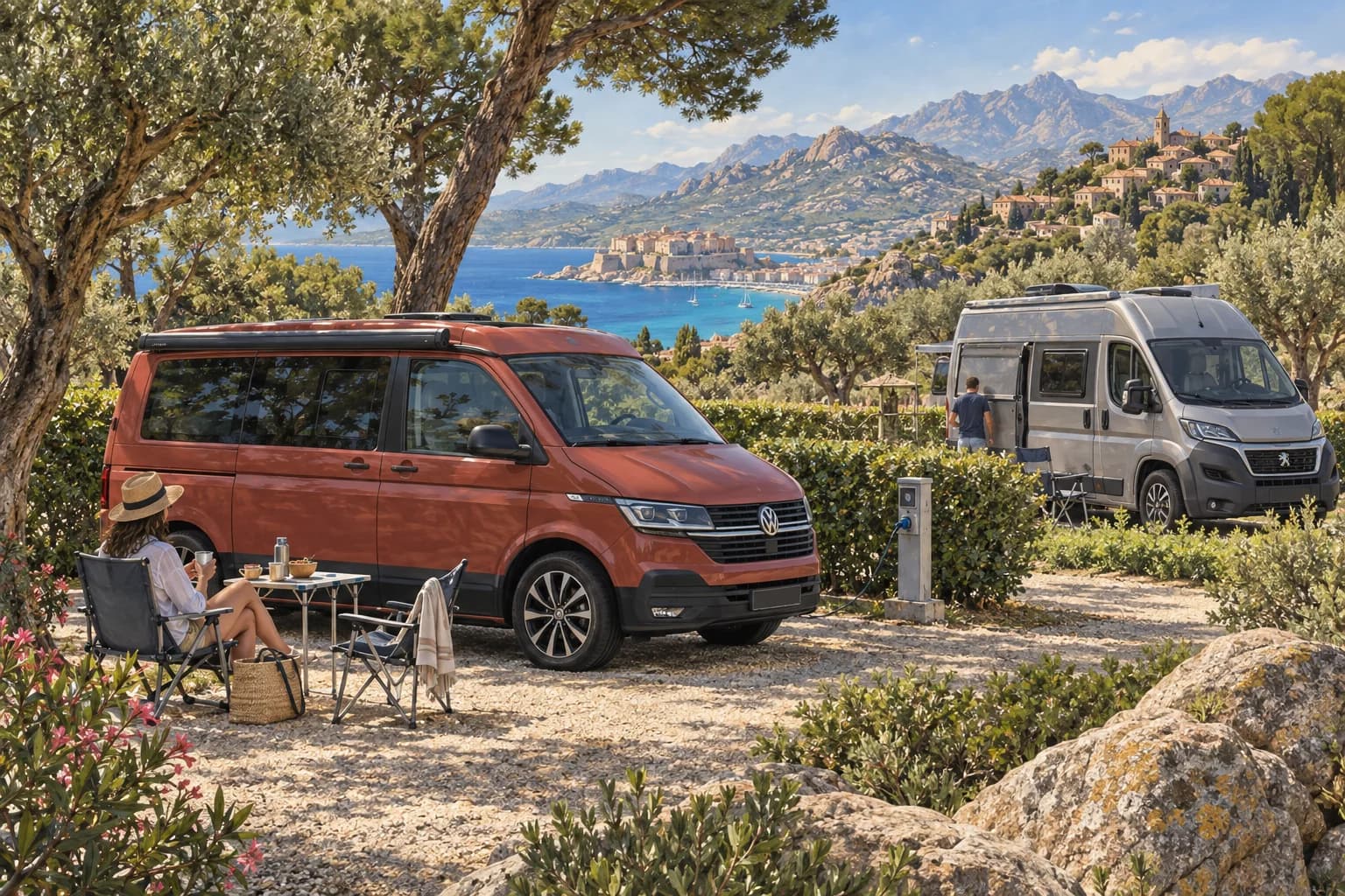 Illustration rétro — Corse : Calvi et la Balagne, sans précipitation. Séjour dans un camping aménagé ; scène imaginée, pas une photographie du lieu conseillé.