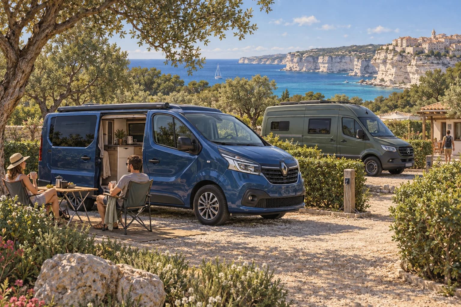 Illustration rétro — Corse du Sud : prendre le temps autour de Bonifacio. Séjour dans un camping aménagé ; scène imaginée, pas une photographie du lieu conseillé.