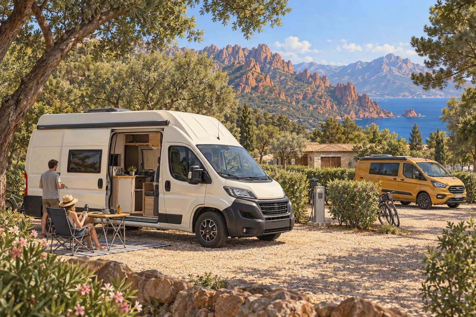 Illustration rétro — Corse : Porto, Ota et Piana. Séjour dans un camping aménagé ; scène imaginée, pas une photographie du lieu conseillé.