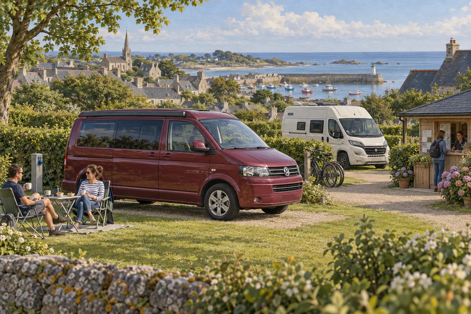 Illustration rétro — Cotentin : ports et jardins du Val de Saire. Séjour dans un camping aménagé ; scène imaginée, pas une photographie du lieu conseillé.