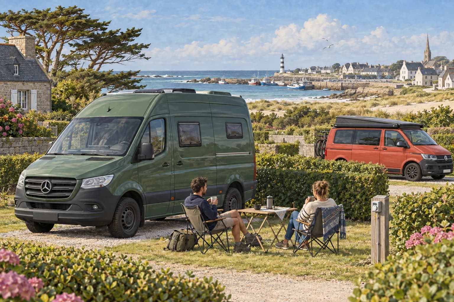 Illustration rétro — Finistère : le pays bigouden au rythme de l’océan. Séjour dans un camping aménagé ; scène imaginée, pas une photographie du lieu conseillé.