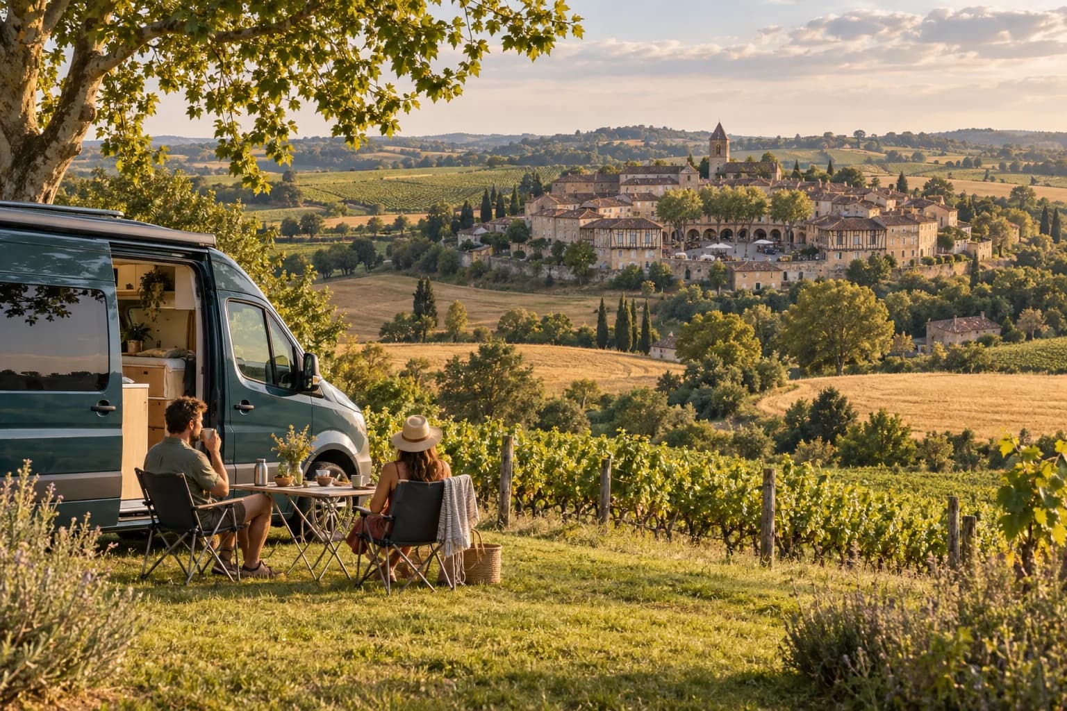 Illustration rétro — Gers : bastides et villages de la Ténarèze. Séjour dans un camping aménagé ; scène imaginée, pas une photographie du lieu conseillé.