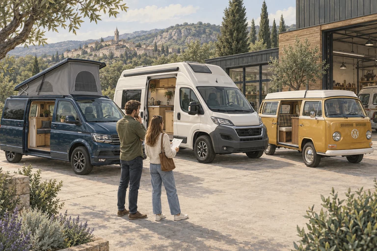 Illustration de deux acheteurs comparant un van bleu, un fourgon clair et un Combi jaune devant un atelier, avec une liste de points à vérifier