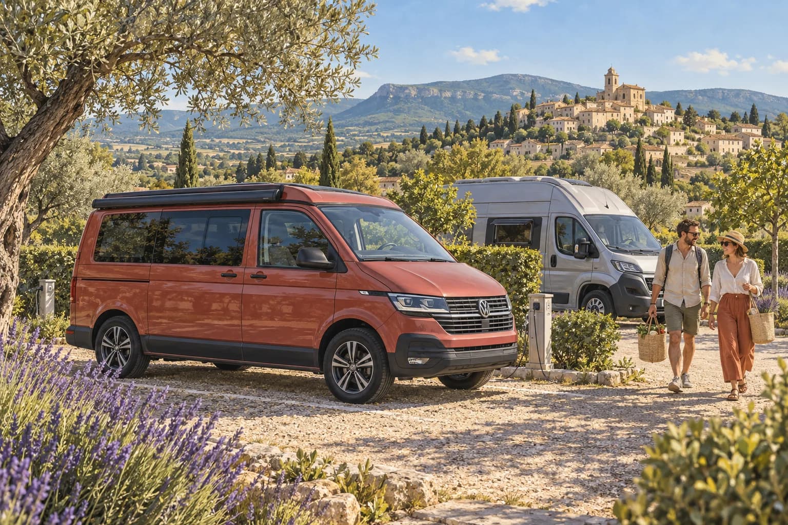 Illustration rétro — Haute-Provence : Dauphin, Forcalquier et Mane. Séjour dans un camping aménagé ; scène imaginée, pas une photographie du lieu conseillé.
