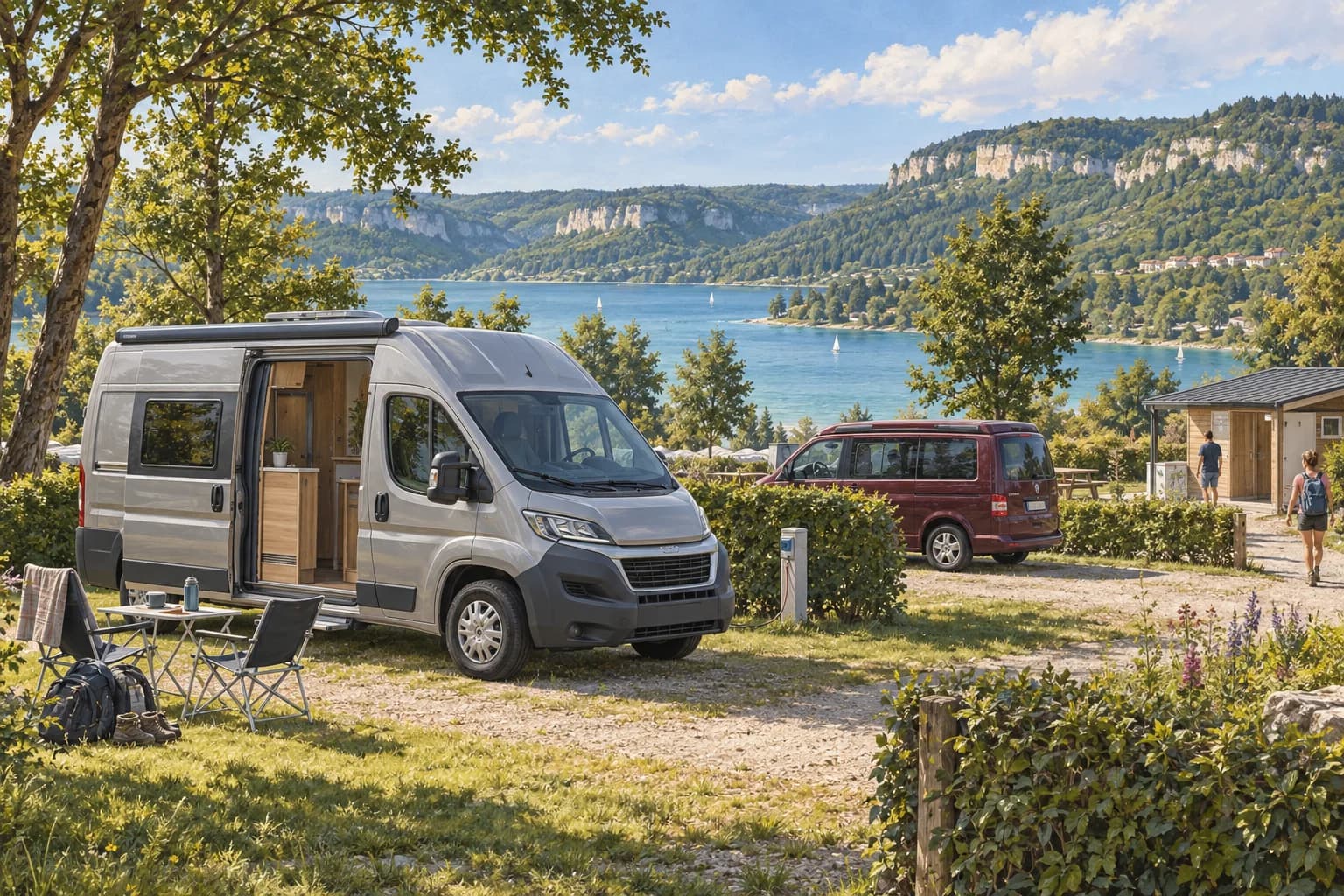 Illustration rétro — Jura : Clairvaux et les paysages de lacs. Séjour dans un camping aménagé ; scène imaginée, pas une photographie du lieu conseillé.