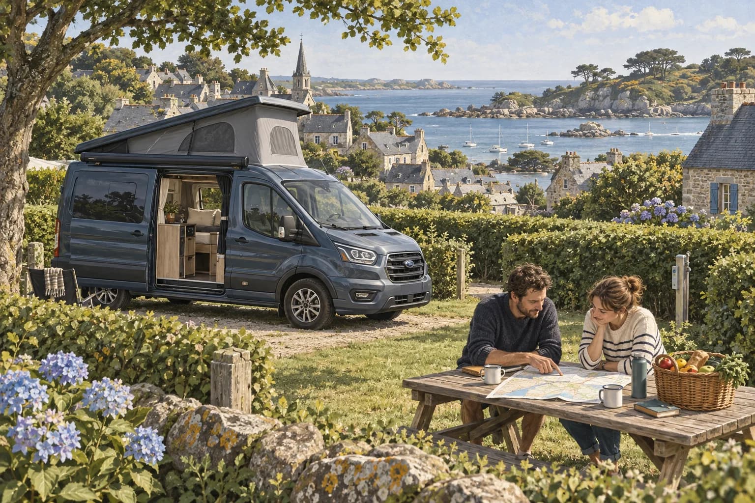 Illustration de voyageurs préparant leurs étapes en Bretagne sur une carte, près de leur van bleu au camping. Scène imaginée.