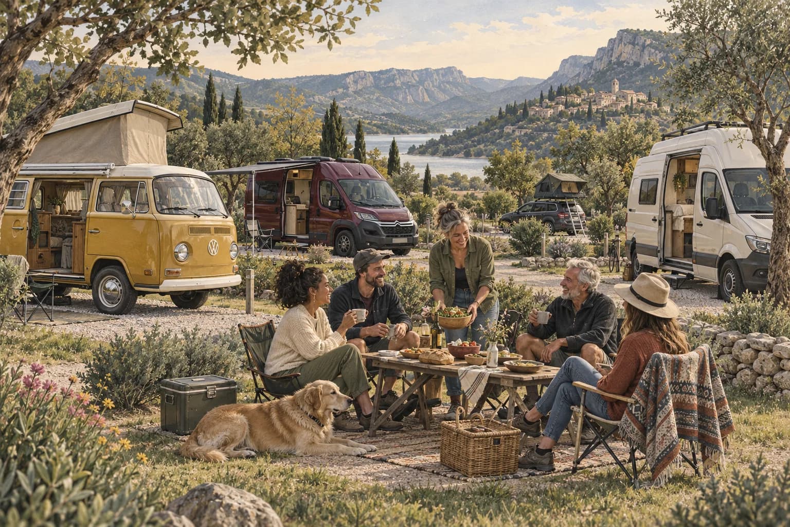 Illustration de voyageurs de plusieurs générations partageant un repas au camping, entre Combi rétro, van, fourgon et tente de toit. Scène imaginée.