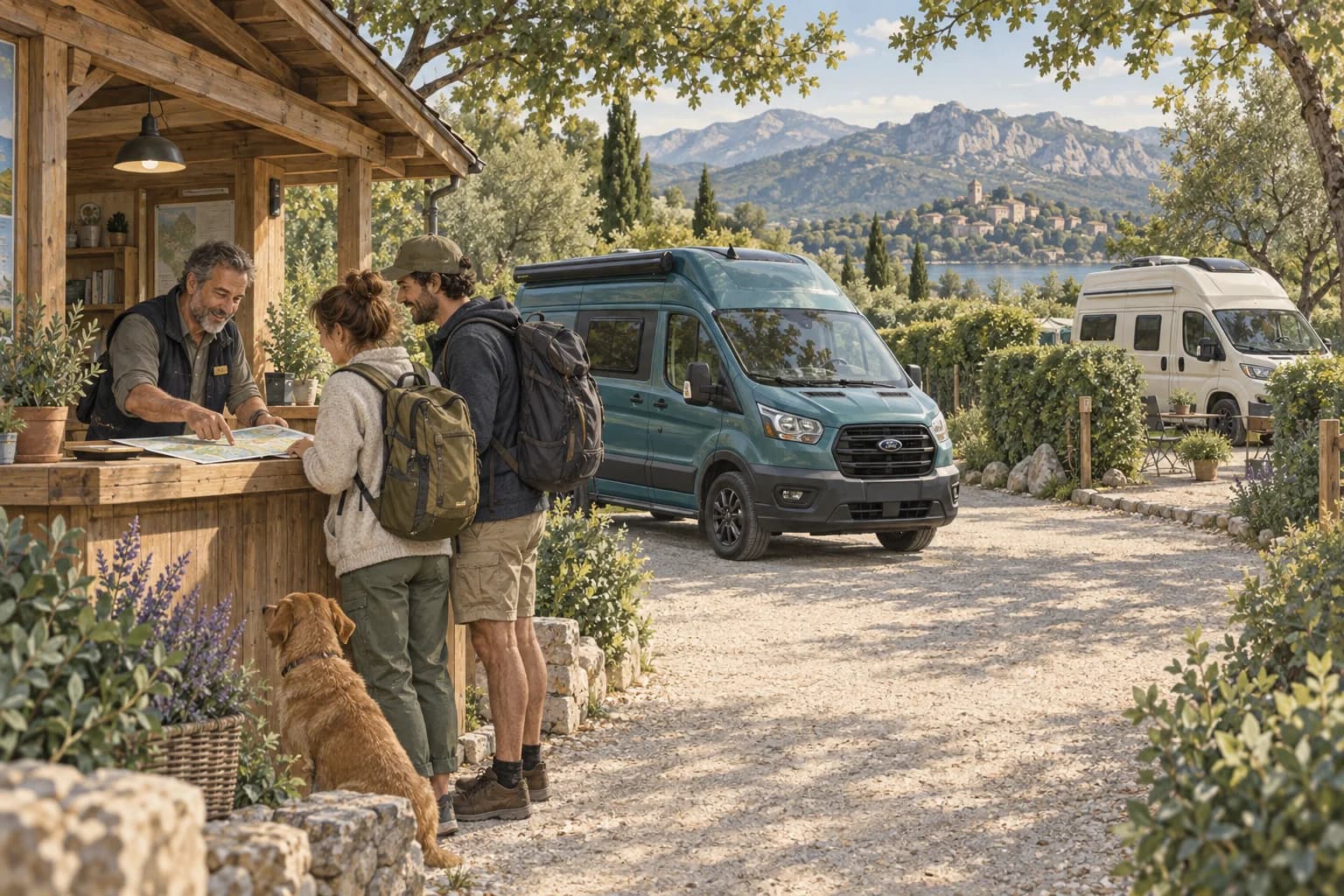 Illustration du premier échange entre des voyageurs et leur hôte à la réception d’un camping, près d’un van turquoise.