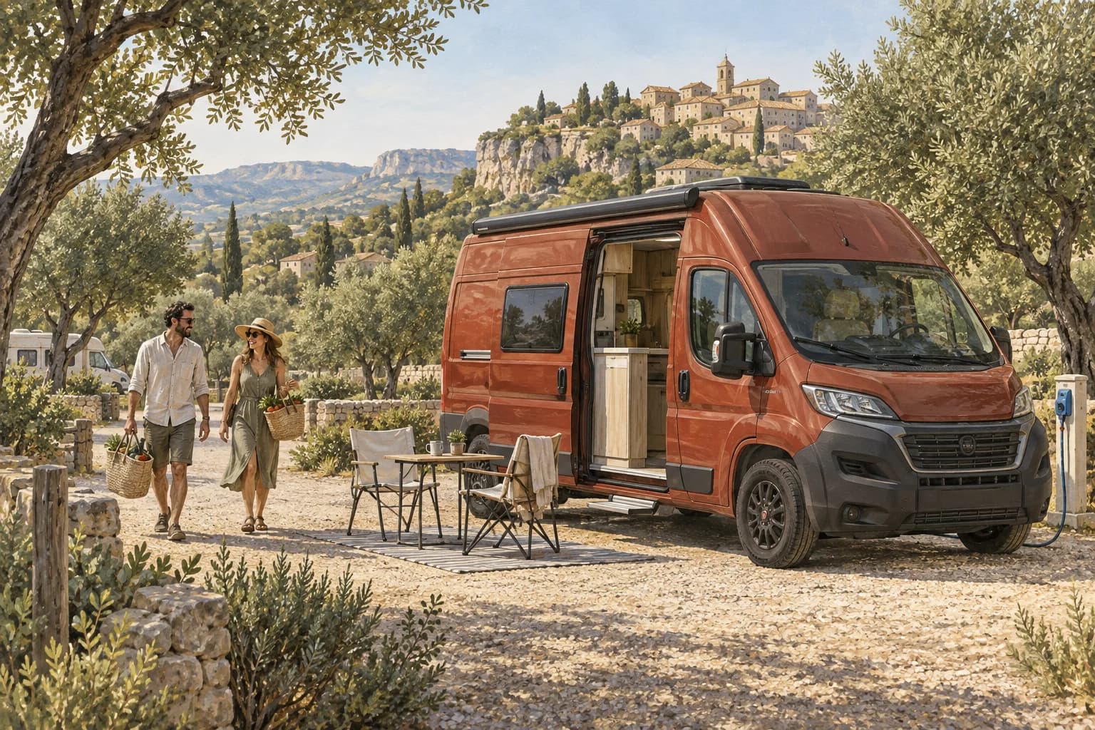 Illustration de voyageurs de retour du marché près d’un fourgon rouge au camping, entre oliviers et village provençal. Scène imaginée.