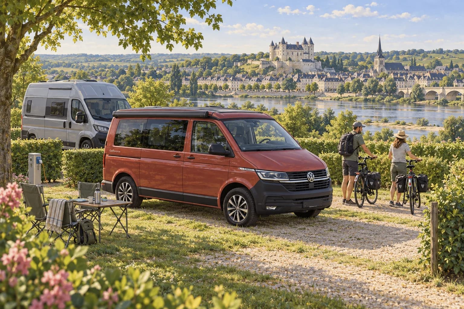 Illustration rétro — Loire : Saumur et les villages de tuffeau. Séjour dans un camping aménagé ; scène imaginée, pas une photographie du lieu conseillé.