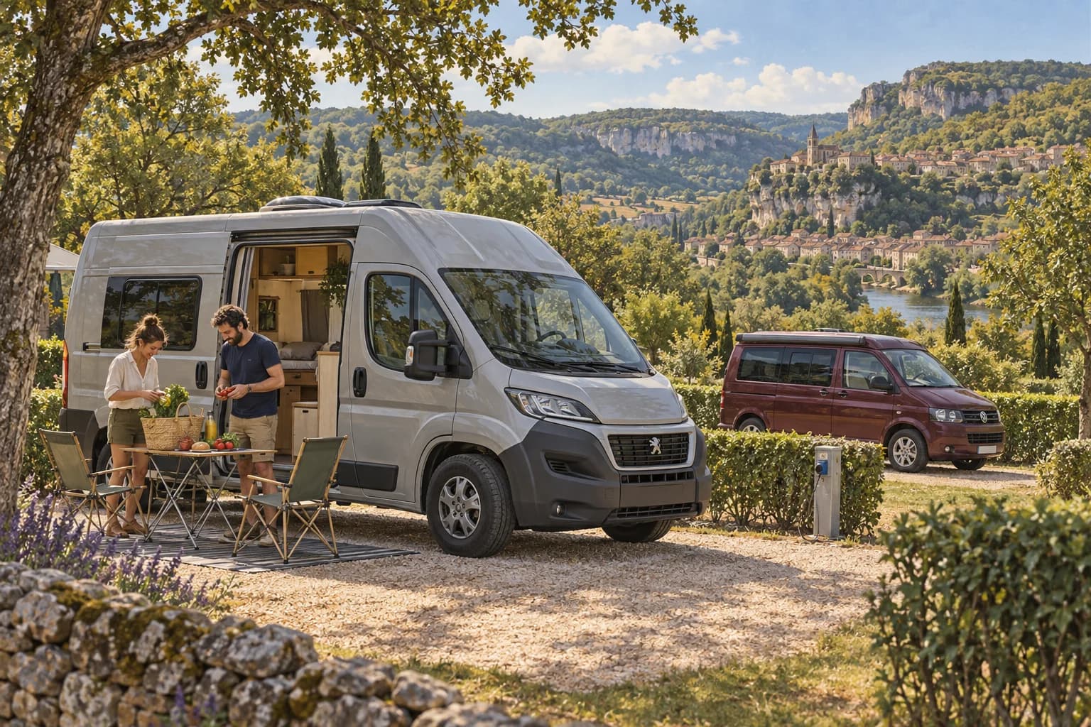Illustration rétro — Lot : de Gourdon à Cahors, par les petites pauses. Séjour dans un camping aménagé ; scène imaginée, pas une photographie du lieu conseillé.