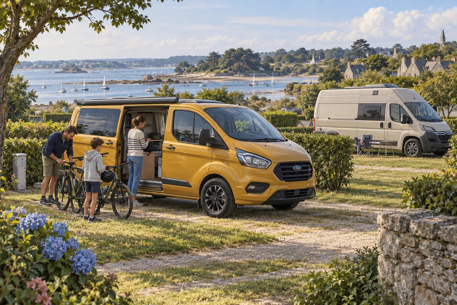 Illustration rétro — Morbihan : du golfe au Blavet. Séjour dans un camping aménagé ; scène imaginée, pas une photographie du lieu conseillé.