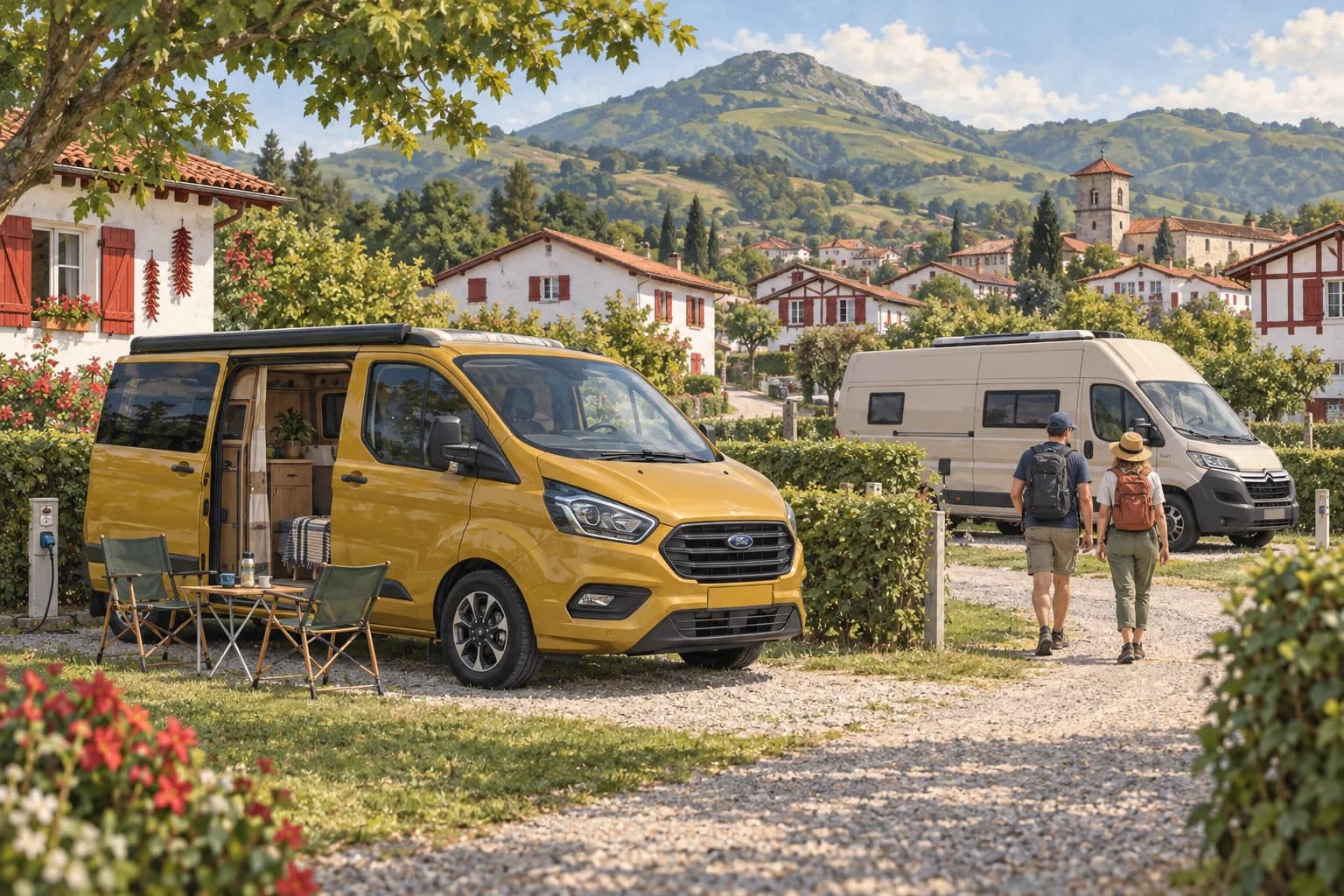 Illustration rétro — Pays basque : Espelette, Itxassou et Cambo. Séjour dans un camping aménagé ; scène imaginée, pas une photographie du lieu conseillé.