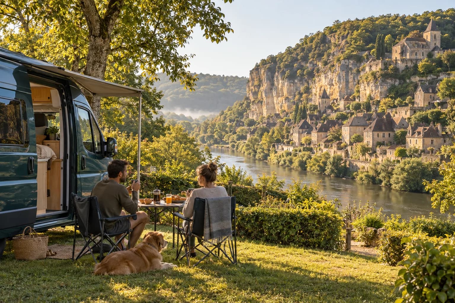 Illustration rétro — Périgord Noir : trois villages au fil de la Dordogne. Séjour dans un camping aménagé ; scène imaginée, pas une photographie du lieu conseillé.