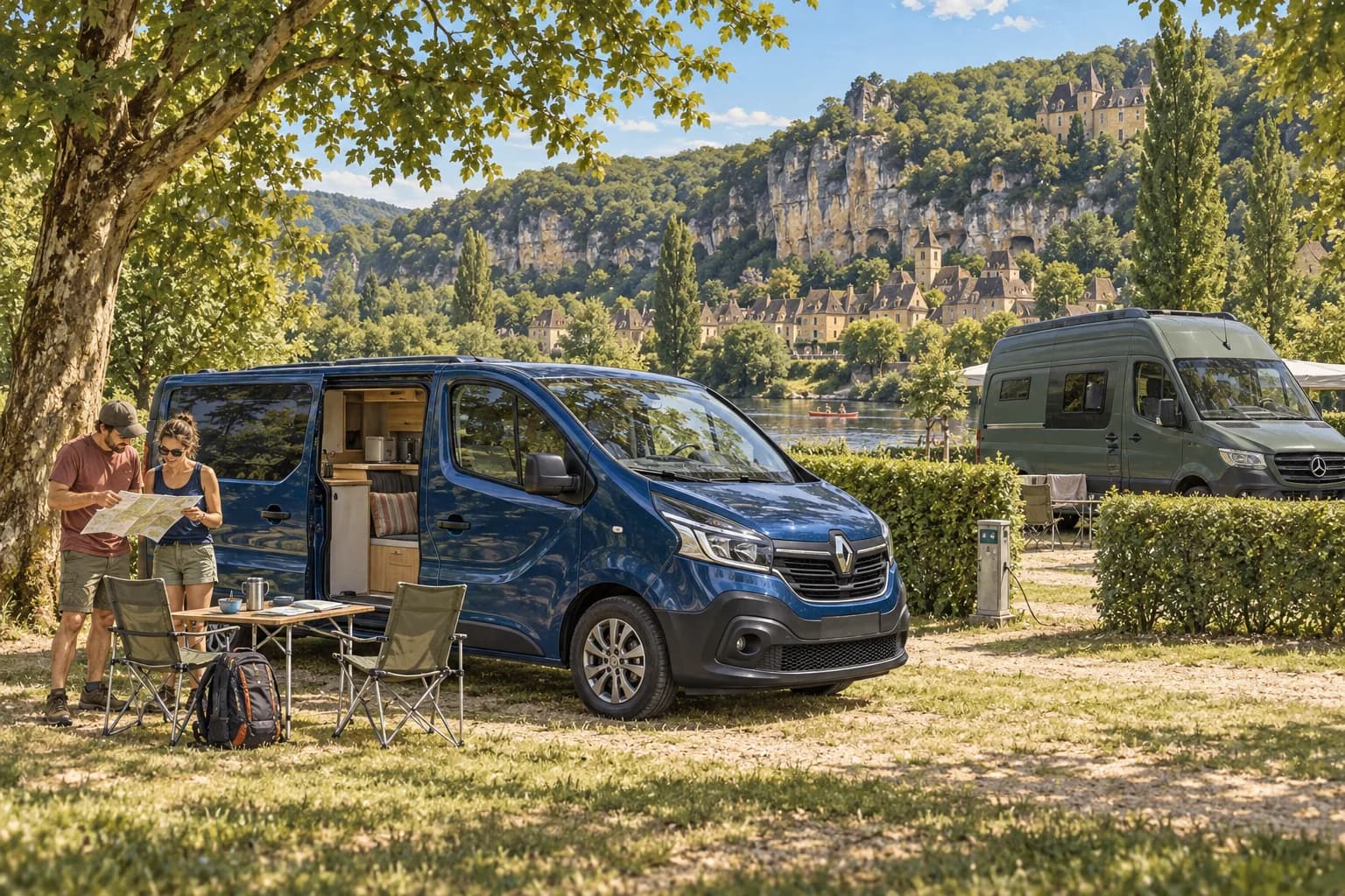 Illustration rétro — Périgord : suivre la Vézère. Séjour dans un camping aménagé ; scène imaginée, pas une photographie du lieu conseillé.