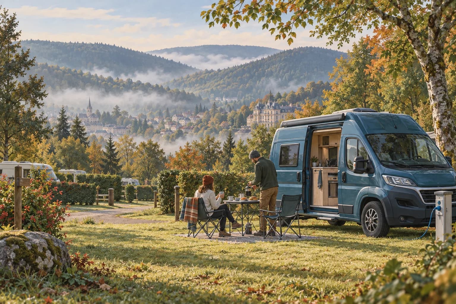 Illustration rétro — Vosges méridionales : Plombières, Remiremont et Le Val-d’Ajol. Séjour dans un camping aménagé ; scène imaginée, pas une photographie du lieu conseillé.