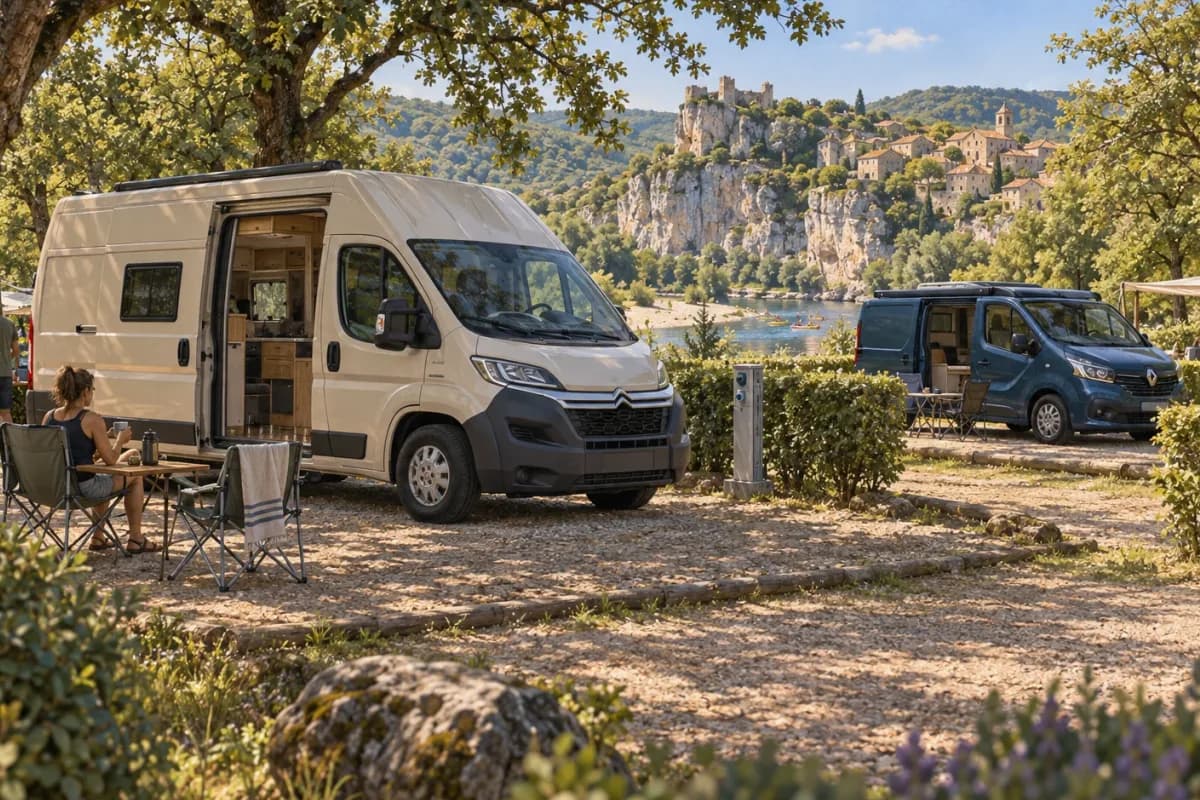 Photographie éditoriale d’un voyage en van entre Aiguèze, Montclus, Balazuc, Vogüé, dans l’esprit du Mag Label Vanlife.