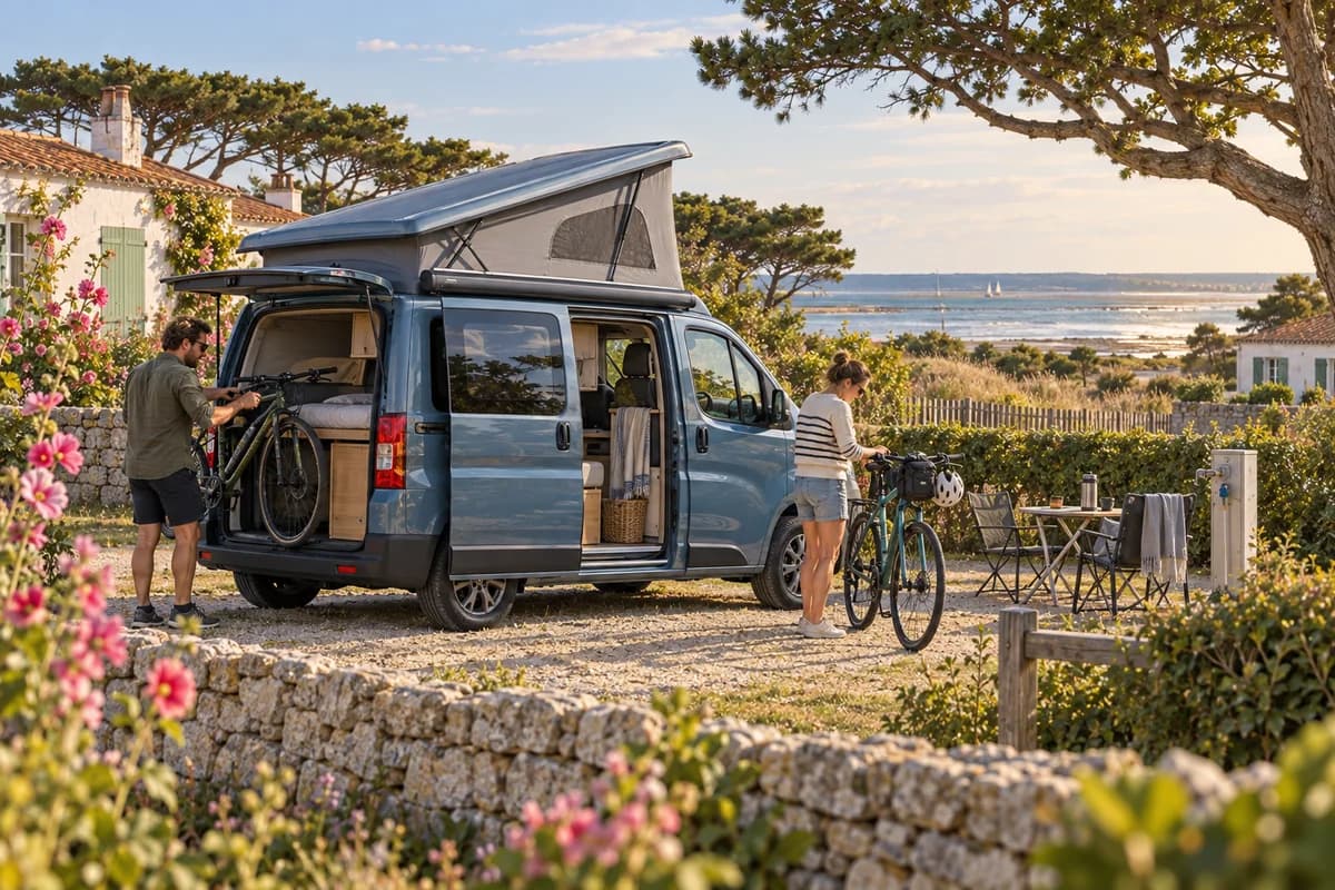 Photographie éditoriale d’un voyage en van entre Ars-en-Ré, La Flotte, Vouvant, dans l’esprit du Mag Label Vanlife.