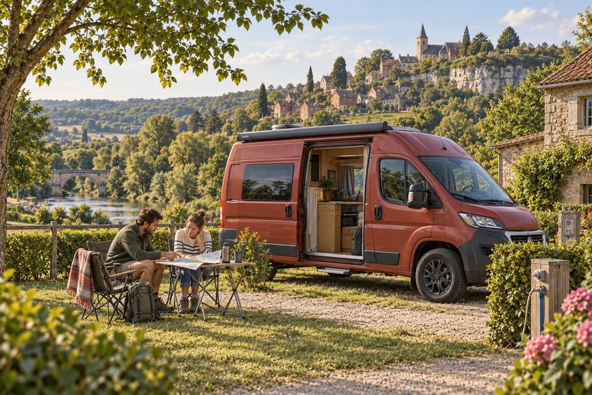 Photographie éditoriale d’un voyage en van entre Beaulieu-sur-Dordogne, Curemonte, Collonges-la-Rouge, Turenne, dans l’esprit du Mag Label Vanlife.