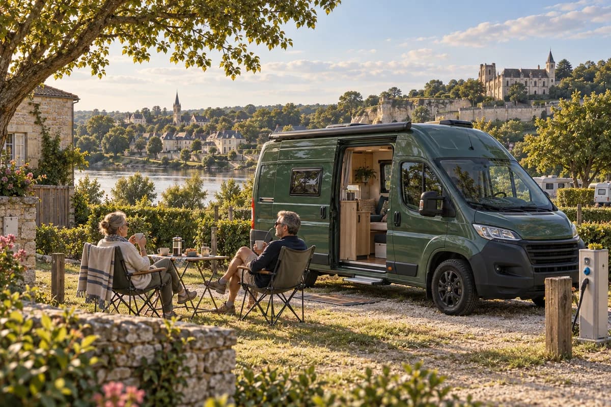 Photographie éditoriale d’un voyage en van entre Fontevraud-l'Abbaye, Montsoreau, Candes-Saint-Martin, Crissay-sur-Manse, dans l’esprit du Mag Label Vanlife.