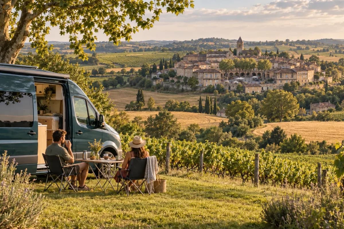 Photographie éditoriale d’un voyage en van entre Limeuil, Belvès, Monpazier, Villeréal, dans l’esprit du Mag Label Vanlife.