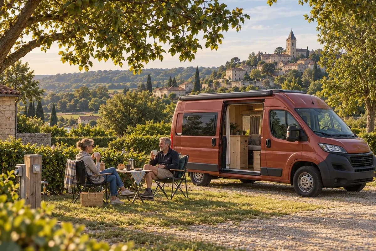 Photographie éditoriale d’un voyage en van entre Martel, Lauzerte, Auvillar, Sarrant, dans l’esprit du Mag Label Vanlife.